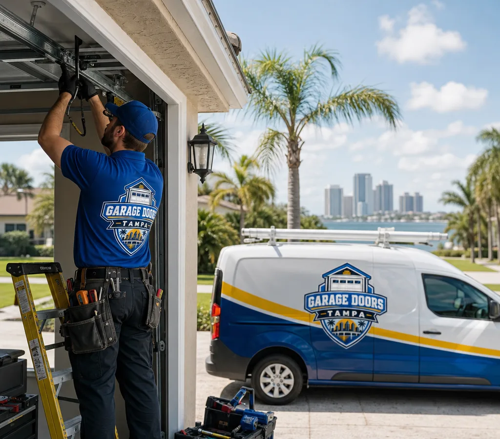 Technician repairing a residential garage door track and opener in a Tampa driveway