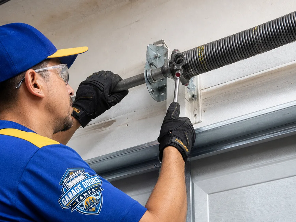 Torsion spring system, center bracket, and winding cone during a garage door inspection