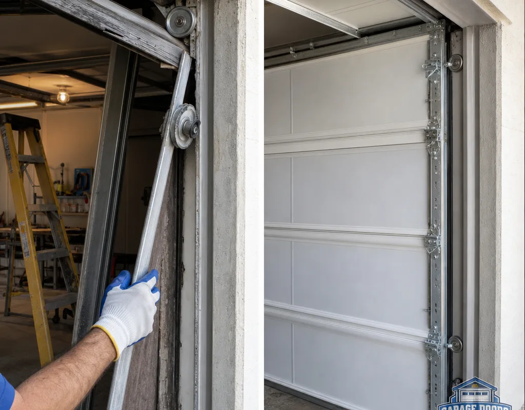 Before and after of an off-track sectional garage door reset with aligned track and new rollers