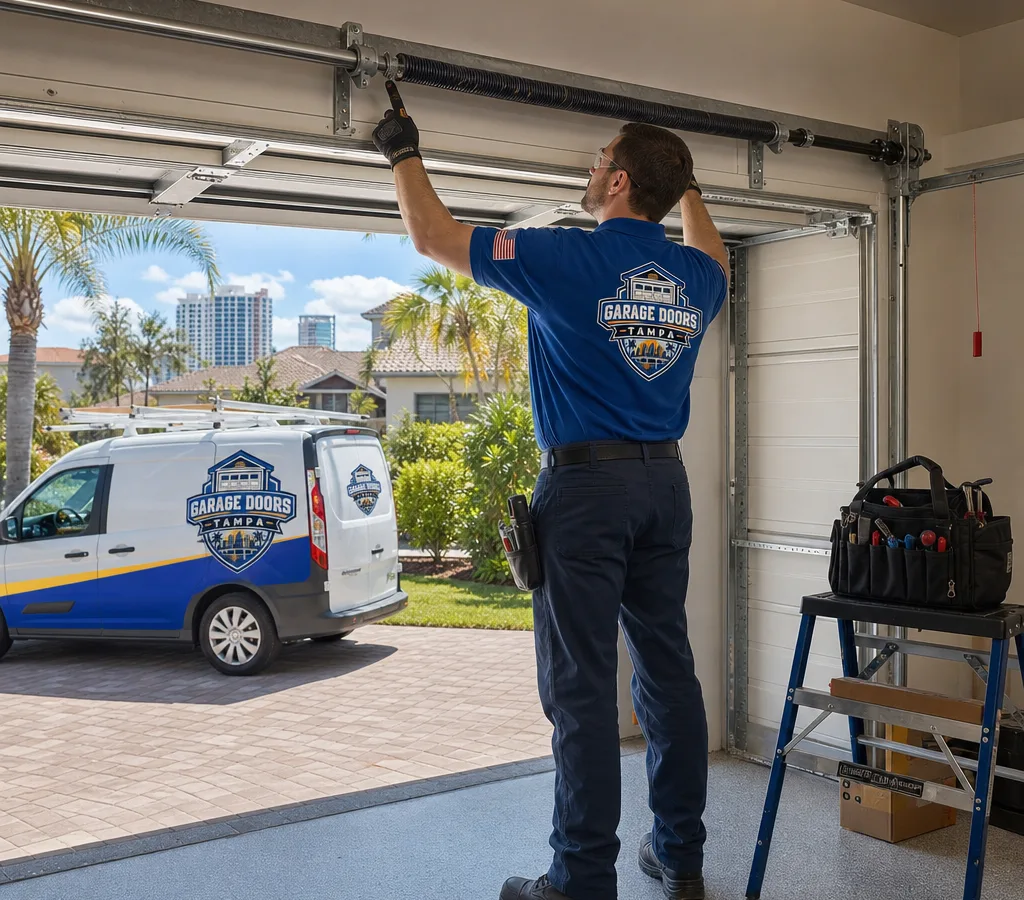 Technician at a Tampa home inspecting a sectional garage door and torsion spring setup with tools staged safely to the side