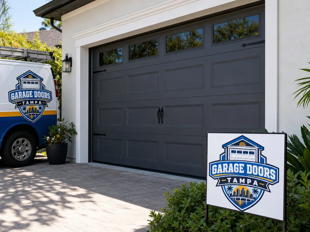 Newly installed insulated steel garage door on a Tampa home with clean trim and weather seals