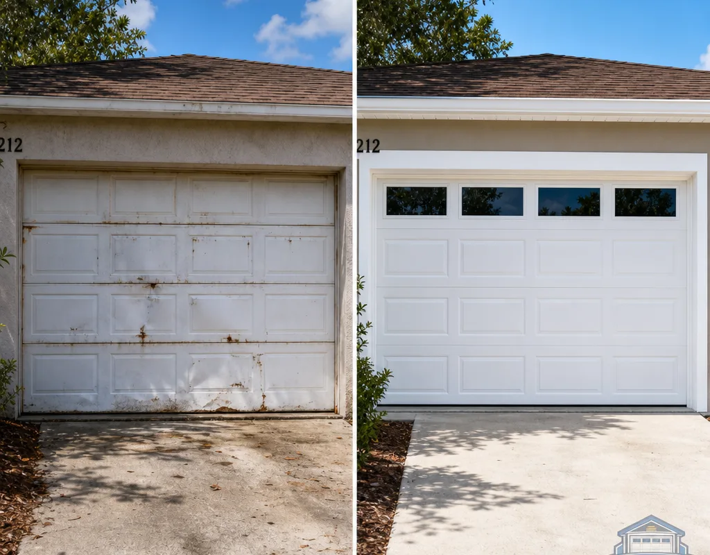 Before and after comparison of a dented sectional garage door replaced with an insulated steel door