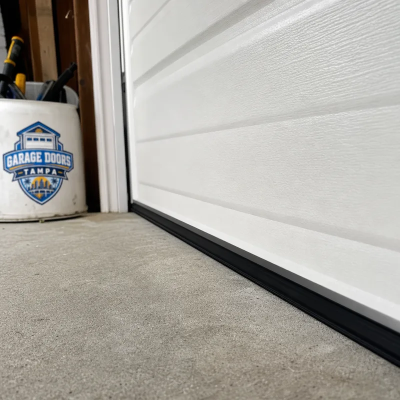 Interior detail of a garage door bottom seal making even contact with the slab