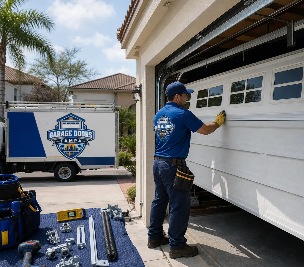 Technician guiding a new residential sectional garage door into its tracks in a Tampa driveway