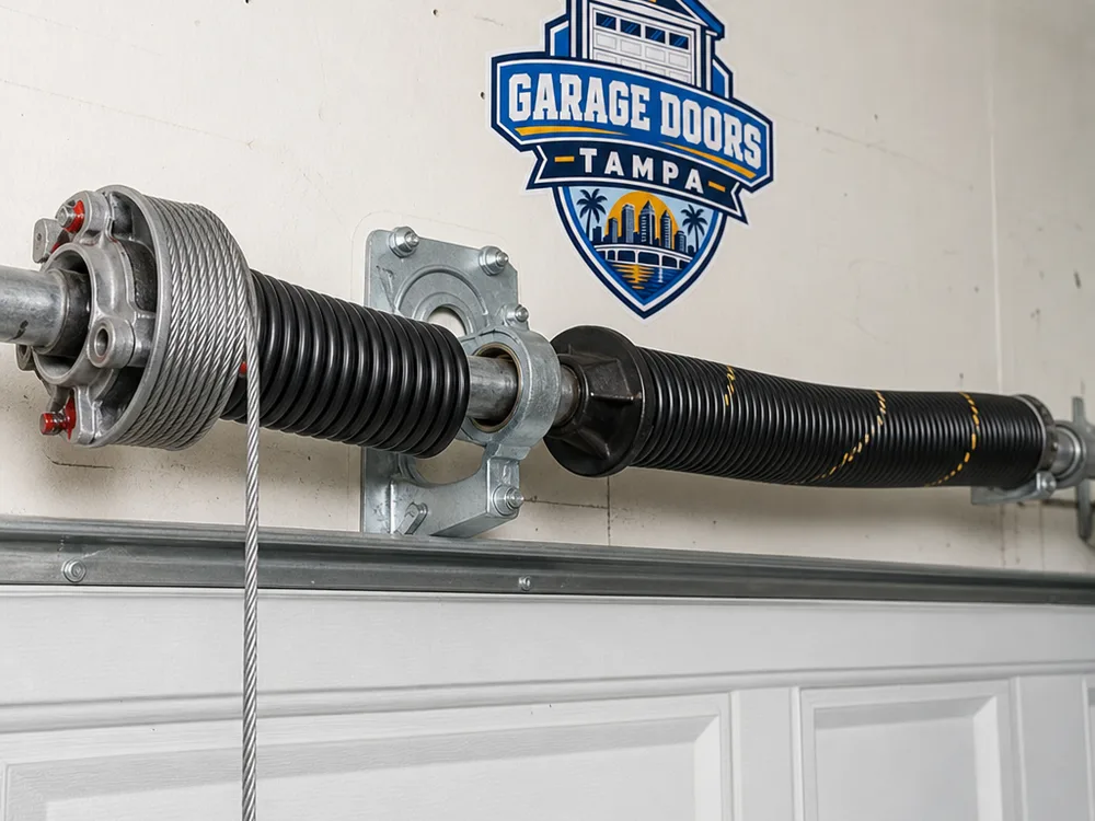 Newly installed torsion spring assembly with center bearing plate, winding cone, cable drum, and routed lift cable