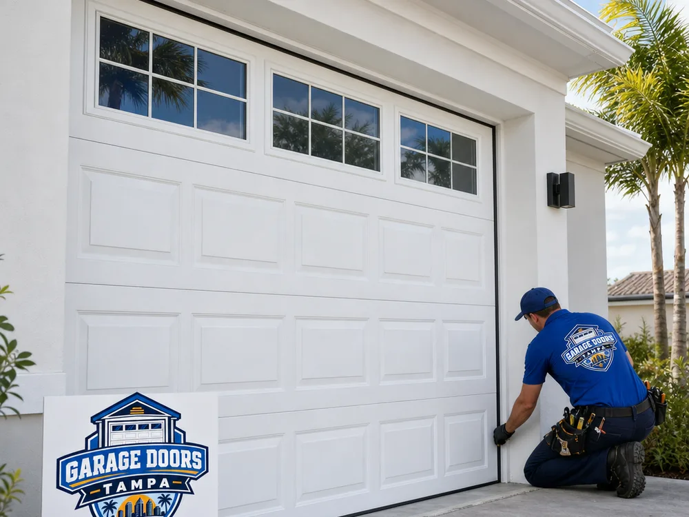 Newly installed garage door with top-row windows and perimeter weatherstripping