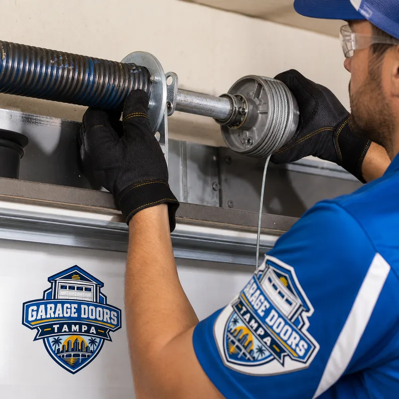 Technician inspecting a garage door torsion spring, center bearing plate, and cable drum for wear and correct cable wrap