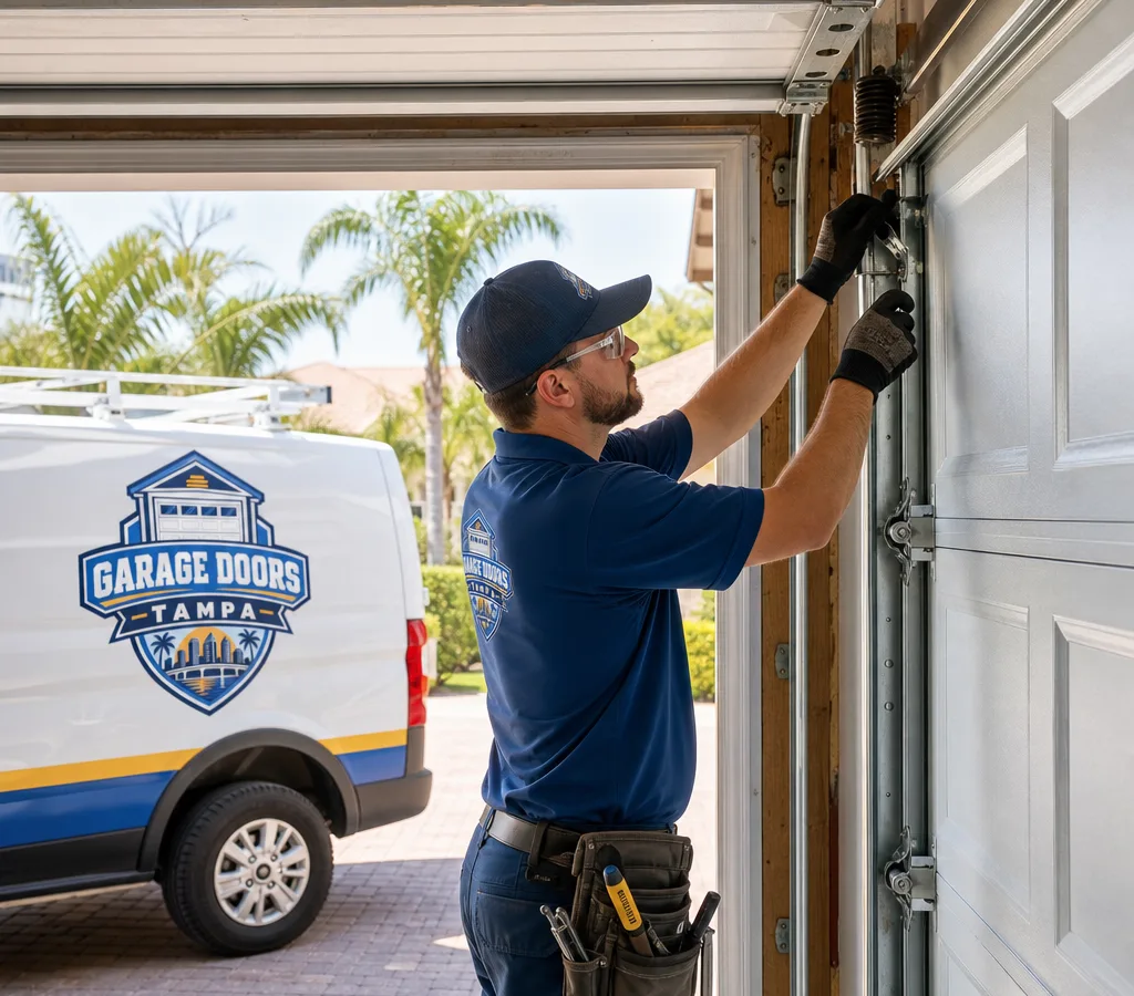 Technician at a Tampa home adjusting garage door springs and checking track alignment on a sectional garage door