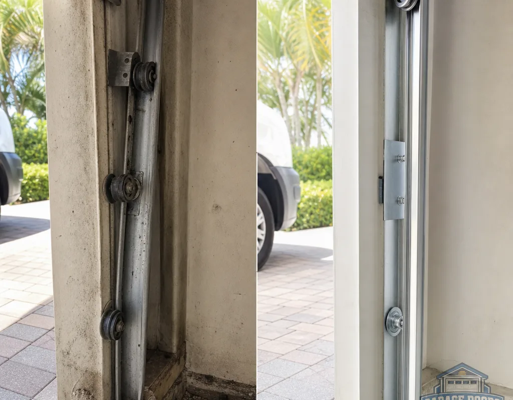 Before-and-after view of worn garage door rollers and skewed track corrected with new rollers and aligned track