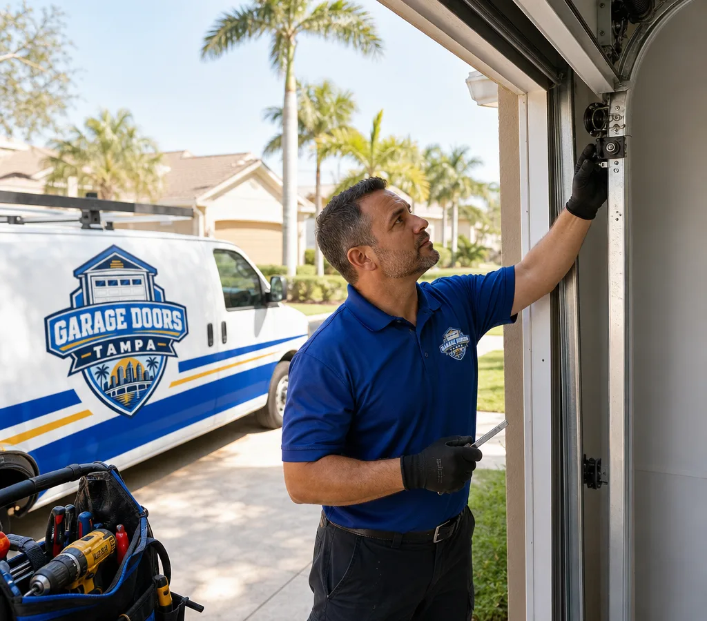 Technician inspecting a residential garage door track and spring system in a Tampa driveway