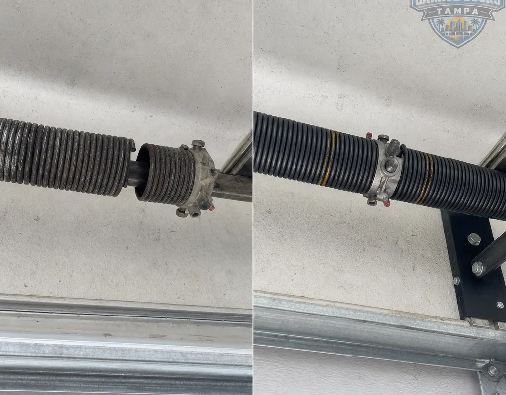 Broken torsion spring with a visible coil gap beside a new matched pair with set screws properly seated