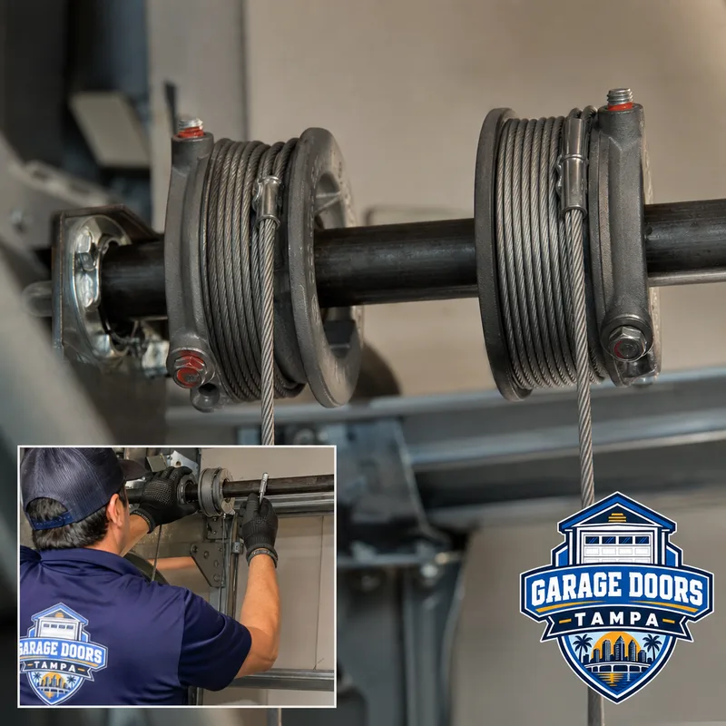 Properly routed garage door lift cables on cable drums with correct winding direction and even tension