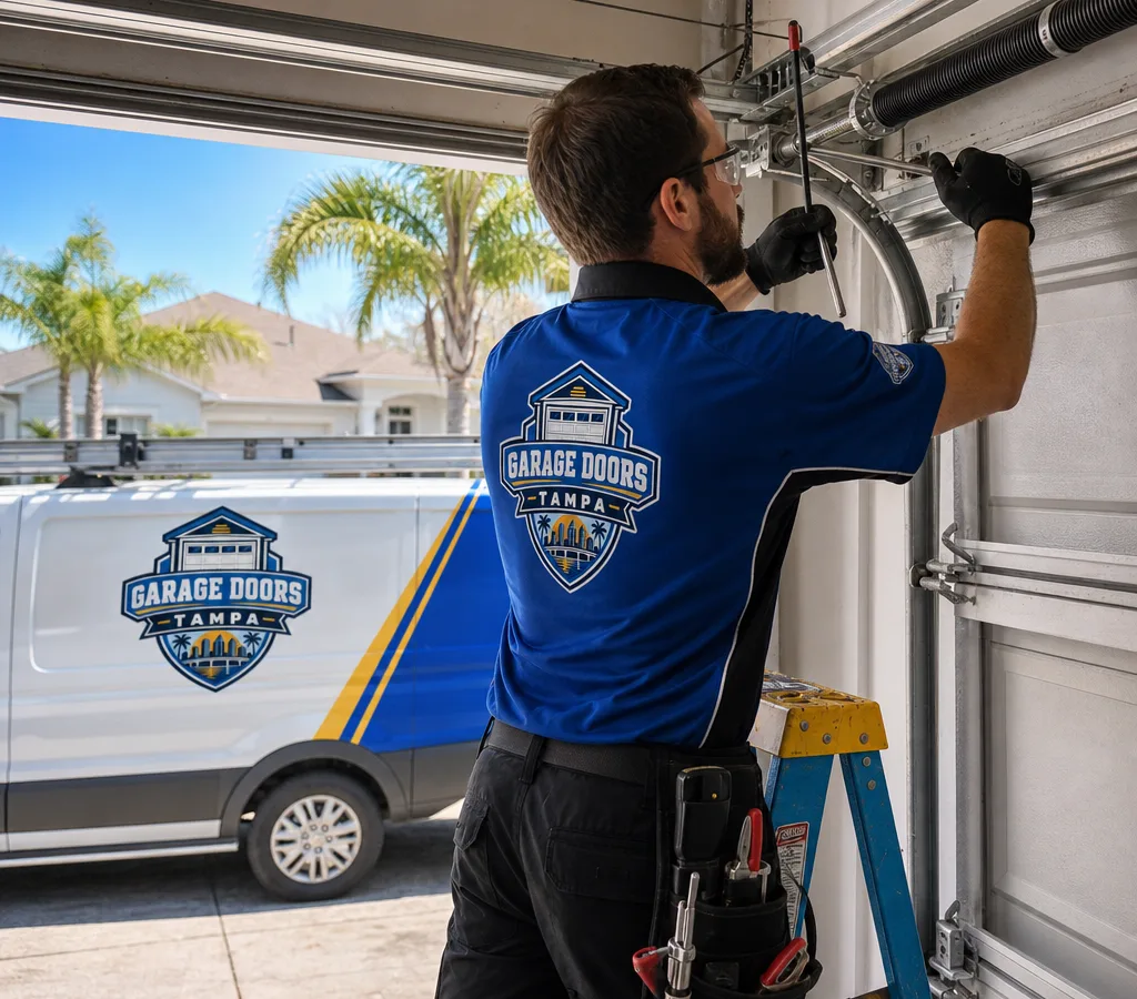 Technician working on a residential garage door torsion spring system in Tampa with winding bars and safety gear visible