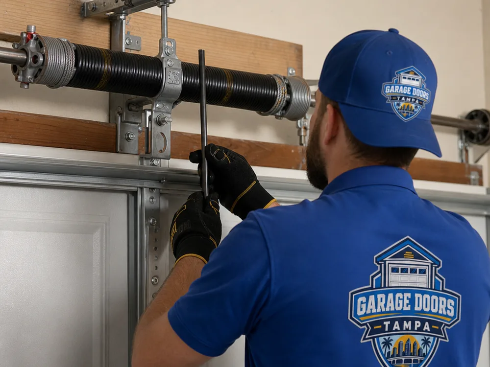 Close-up of a garage door torsion spring assembly with shaft, winding cone, center bracket, and cable drums
