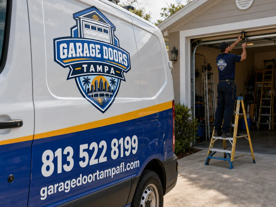 Technician testing photo-eye safety sensors and garage door opener travel limits