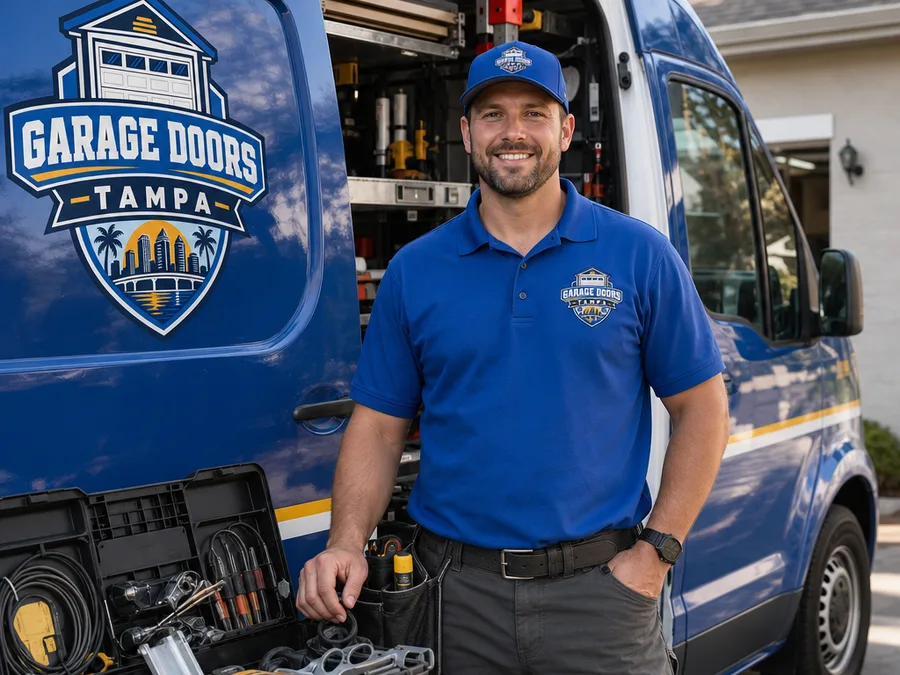 Garage door repair technician beside a service vehicle with organized tools and replacement parts